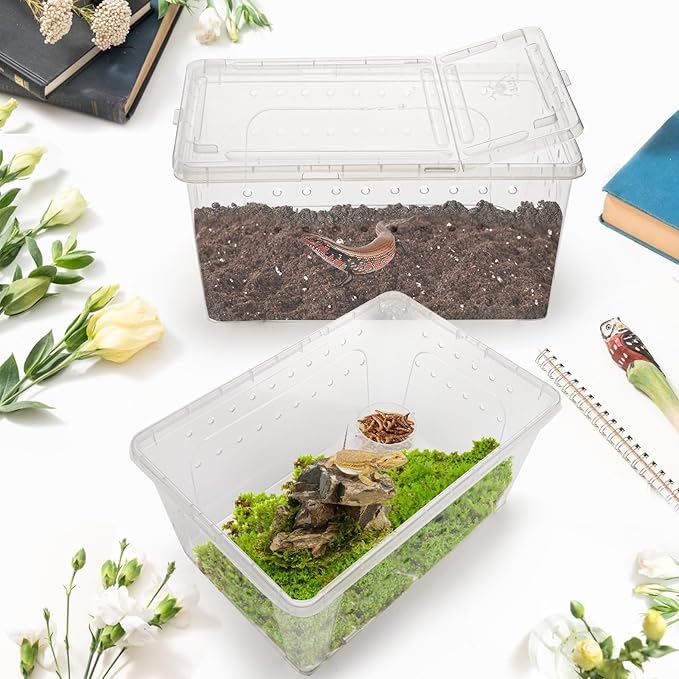 Tlence 2 Pack Critter Keeper, 12.6"x8.7"x6" Clear Plastic Enclosure Terrarium, Portable Transport Container with Feeding Bowl, Small Hatching Container with Ventilated Lid for Snake, Lizard, Gecko