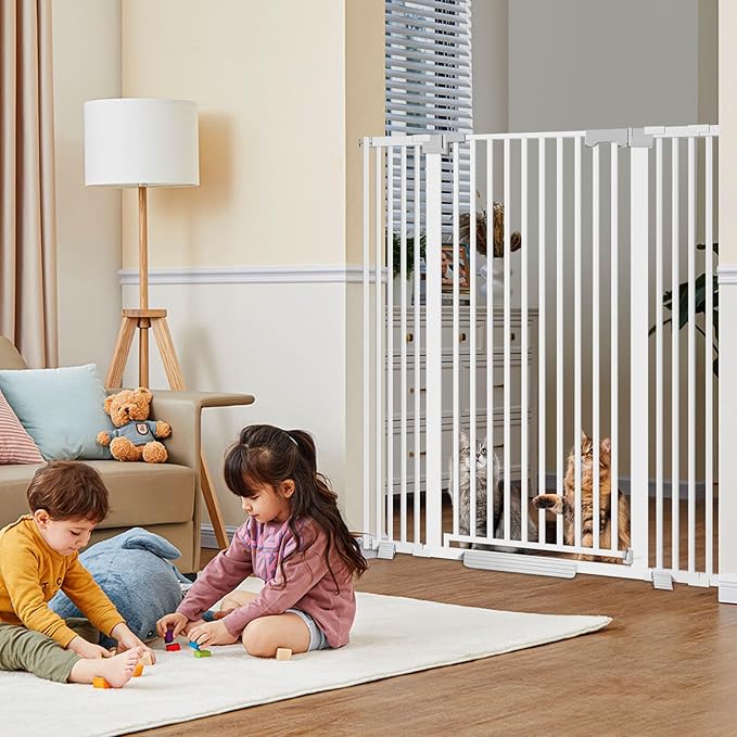 51'' Extra Tall Cat Gate Barrier for Doorways Hallways, Pressure Mounted Pet Dog Gates No Drilling Auto Close, Cat Fence Indoor Climb Proof 30-32.6'' Wide (White)