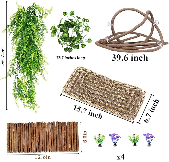 Bearded Dragon Tank Accessories, Reptile Mat Hammock Plants Bridge Jungle Climber Vines Terrarium Decorations for Leopard Gecko, Hermit Crab Lizard Snake (9 PCS Without Reptile Mat)
