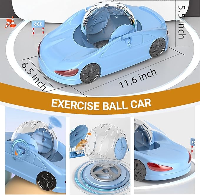 Fun Hamster Fitness Ball Sports car! Three Modes of Short Hamster Toys! Includes 4.72-inch Detachable Transparent Ball - Safe and Cute Wheels, Suitable for Happy Little Pets! (Blue)