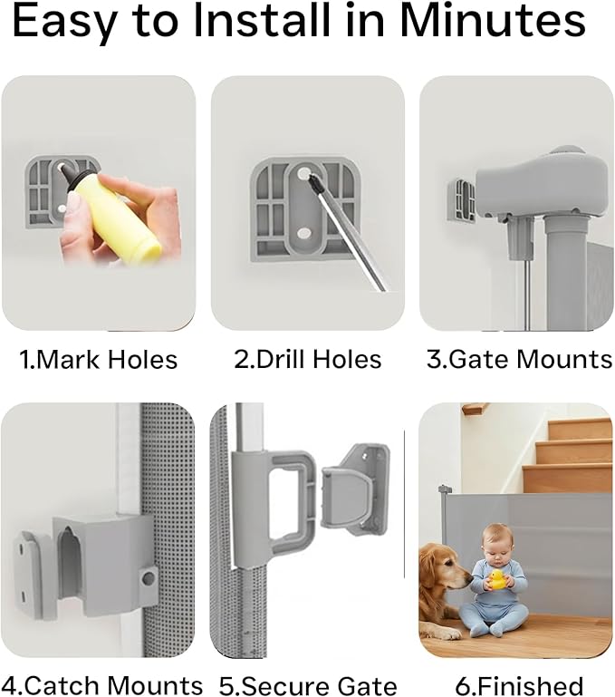 Retractable Baby Gate,Mesh Baby Gate or Mesh Dog Gate,34" Tall,Extends up to 120" Wide,Child Safety Gate for Doorways, Stairs, Hallways, Indoor or Outdoor (Gray, 120''Wide 34''Tall)