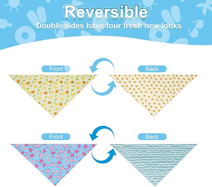 Summer Dog Bandanas Large 2PCS, 4 Pattern Blue Pink Yellow Scarf for Boy and Girl, Triangle Reversible Bibs Breed for Puppy Cats Pets