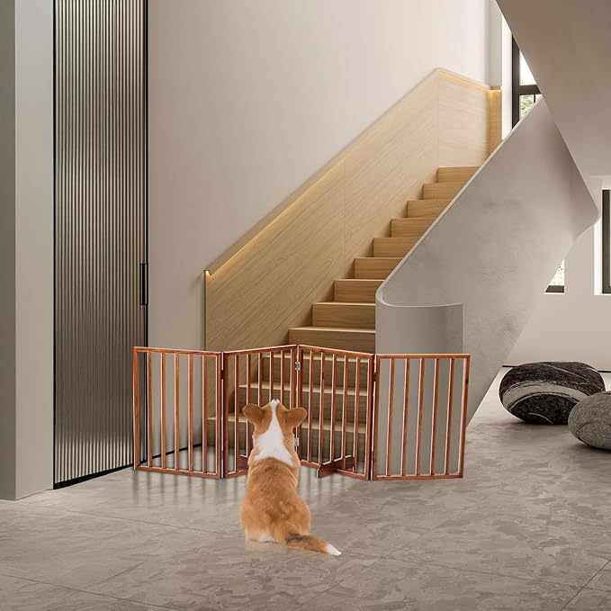 BONNLO Free Standing Dog Gate Indoor, Foldable Pet Gate for Dogs and Puppy, 24" Height Wooden Dog Gates for Doorways Extra Wide/Stairs/Hallways (Brown, 4 Panel)