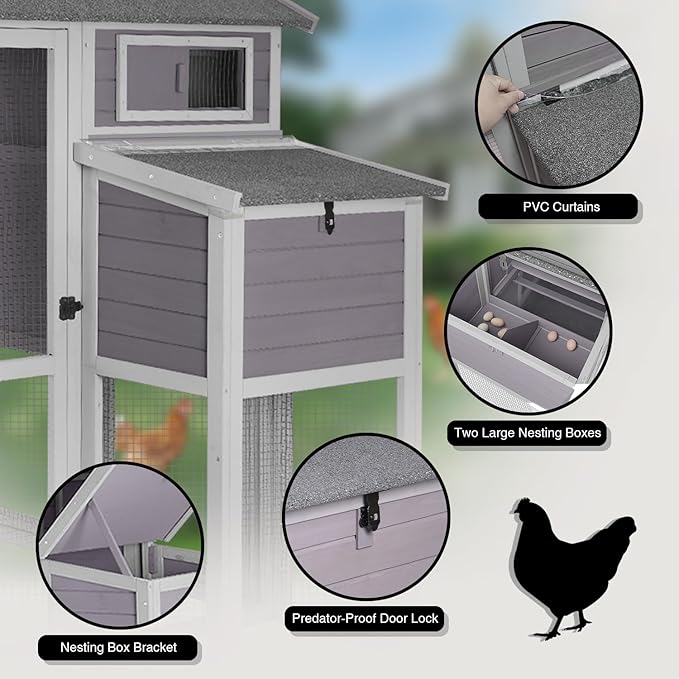 Super Large Chicken Coop - Outdoor Chicken Tractor with 2 Large Nesting Box, Wooden Hen House with Waterproof Asphalt Roof, Poultry Cage with Leakproof Pull-on Tray