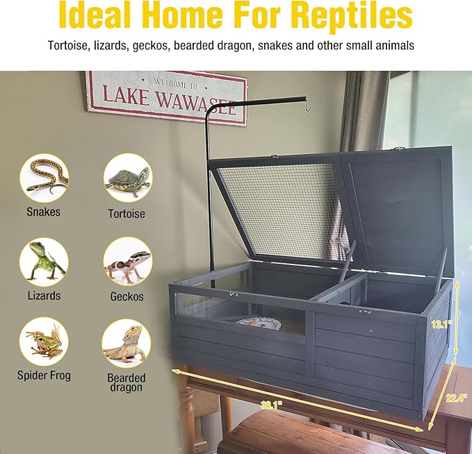 AIvituvin Tortoise Habitat House Indoor, Wooden Tortoise House Reptile Enclosure Outdoor Amphibians Cage for Gecko Lizard Snake
