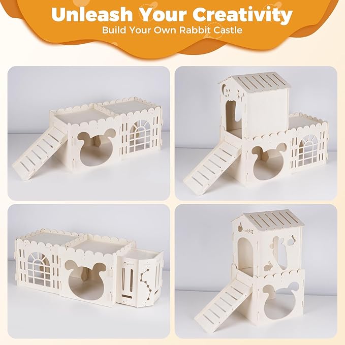 Extra Large Rabbit House, Wooden Bunny Castles with 4 Houses and Hay Feeder, Indoor Guinea Pig Castles Multistory Climbing Tower, Sturdy Wooden Bunny Cage Indoor, Small Animal Pet Rabbit Habitat