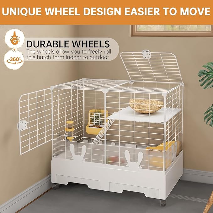 Oneluck Rabbit Cage Indoor,Loft Bunny Hutch with Urine-Proof Wall,Leak-Proof Trays, Wheels 28.7" L x 18.1" W x 25.6" H for Rabbits Chinchillas, Guinea Pig and Small Animal (Small)