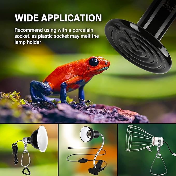 HealSmart Reptile Heat Lamp 100W Ceramic Heat Emitter, No Light Emitting Heat Bulbs for Amphibian Pet Brooder Coop Incubating Chicken, Lizard Bearded Dragon Turtle Snake Terrarium Black