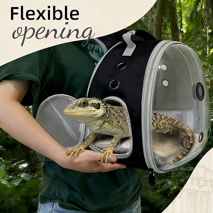 Bearded Dragon Travel Backpack Carrier with Reptile Thermometer and Humidity Gauge Lizard Travel Cage Space Capsule Clear Bubble Window Astronaut Reptile Bag for Ball Python (Black, Backpack+PG LSH)