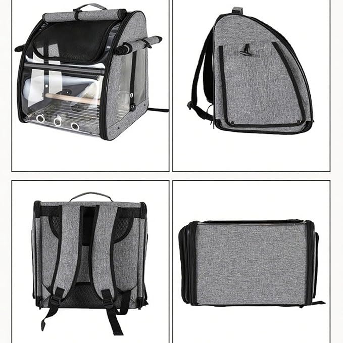 Bird Travel Cage Backpack - Portable Transparent Carrier with Standing Perch, Stainless Steel Mesh and Feeder Cups for Small Birds Like Parrot Parakeet(Grey)