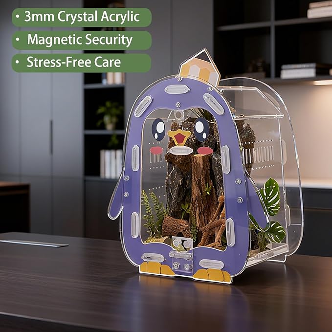 Magnetic Acrylic Jumping Spider Enclosure with Mushroom House, Easy-Feed Hole & Front Opening – Terrarium for Tarantula, Mantis, Beetle, Gecko, Hermit Crab, Reptile Habitat