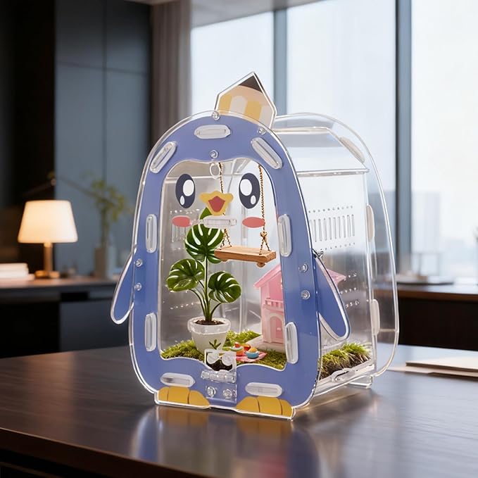Jumping Spider Enclosure, Penguin Style Small Spider Terrarium with Magnetic Feeding Hole, Escape-Proof Habitat for Tarantula, Mantis, Beetle