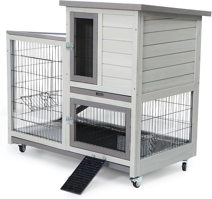 FunXplore Rabbit Hutch Indoor Outdoor Bunny Cage with Urine Guards 2 Storey Mobile Guinea Pig Cage Weatherproof Asphalt Roof Wire Bottom 2 Trays