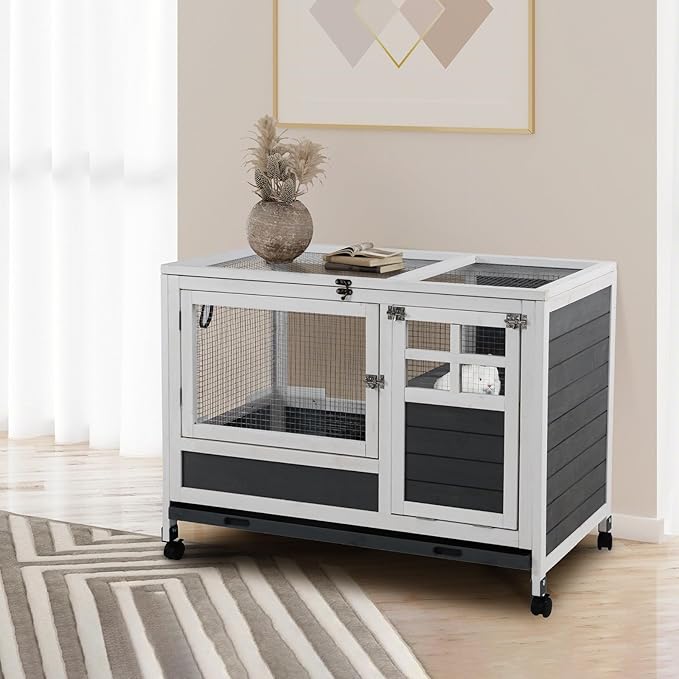 Rabbit Hutch Indoor Rabbit Cage with Chew-Proof Ramp & Leak-Proof Trays Urine Guards/Netting Floor,Doors.37 Wooden Rabbit Cage with Wheels for Rabbits, Guinea Pigs Small Animal
