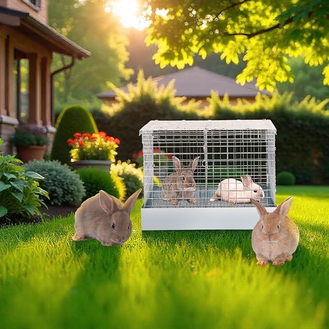 DoubleFill 2 Hole Folding Rabbit Transport Cage, Portable Bunny Carrier with Tray and Handles for Travel or Temporary Housing, Indoor Outdoor Pet Habitat Animal Enclosure(16 x 14 x 12 in)