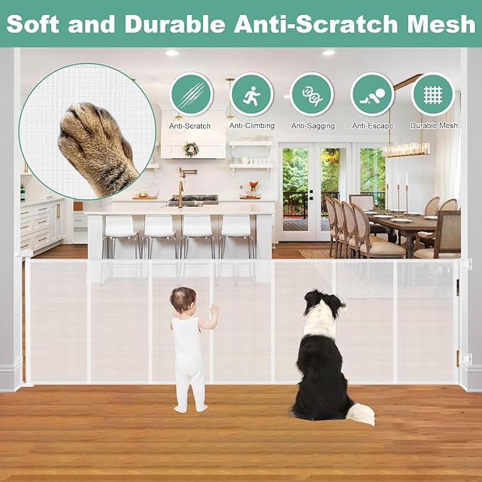 Reinforced 195 Inch Extra Wide Retractable Baby Gate Extra Long Dog Gate with Support Rods – Prevent Crawling Under, 16 Feet Mesh Baby Gate Retractable Gate Outdoor/Indoor Retractable Pet Gate, White