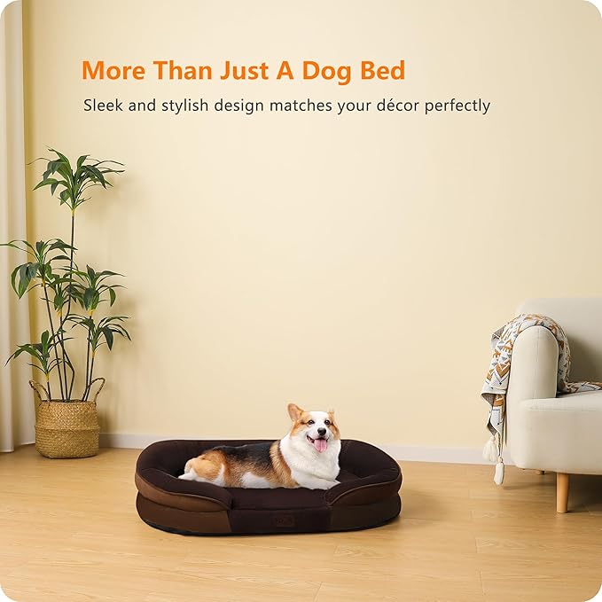 Dwanton Orthopedic Dog Bed for Medium Dogs with Gel Memory Foam, Waterproof Dog Sofa, Washable Pet Bed with Four Sided Bolster Cushion, Removable Cover & Non-Slip Bottom, 36", Brown