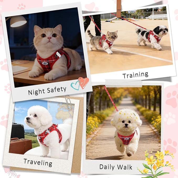 Gyuzh Dog Harness and Leash Set, 3-in-1 Step in No Pull Harness Vest Collar for Small Dogs & Cats, Lightweight Breathable Mesh Reflective Plaid with Padded Handle (Red, L)