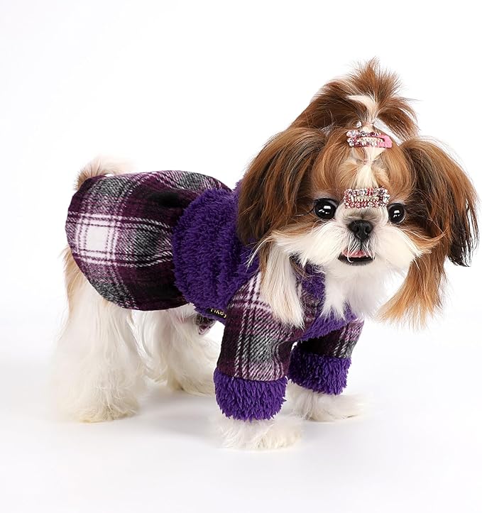 DaFuEn Dog Sweater,Dog Dress, Dog Sweaters Dresses for Small Dogs,Cute Warm Fleece Hooded Sweater for Small Dogs, Plaid Puppy Dresses Clothes Chihuahua Yorkie Cat Apparel (Purple,M
