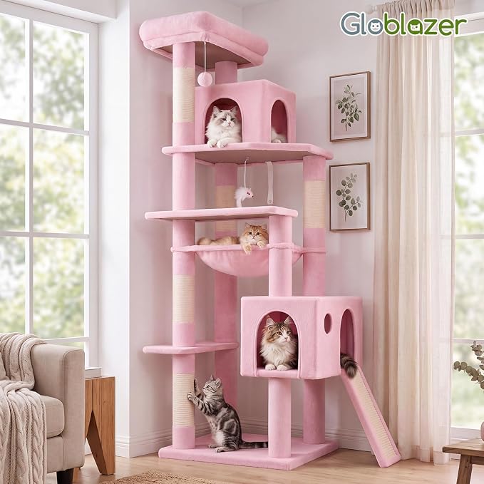 Globlazer Pink Heavy Duty Cat Tree, 70 inch Sturdy Cute Cat Tower for Indoor Cats Extra Large Cat Tower with Scratching Post, Hammock, Cat Condo for Adult Cats Kittens, F70 Pro, Pink - Image 7