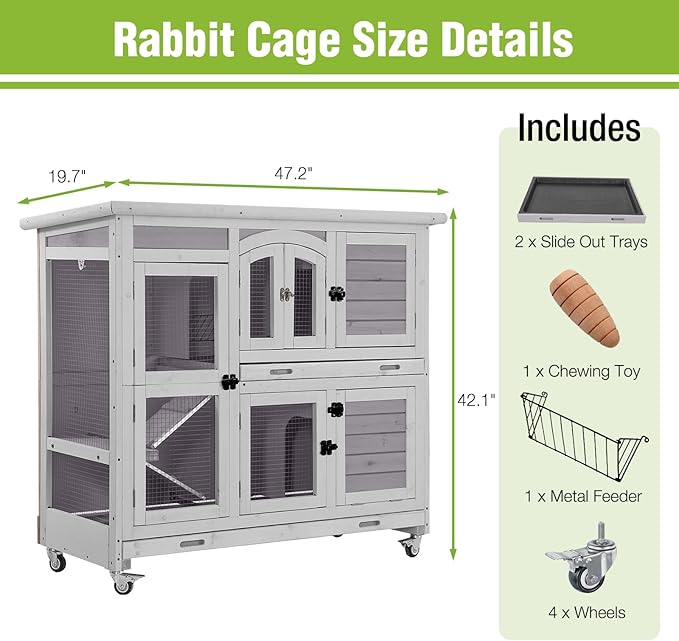 Rabbit Hutch Indoor & Outdoor, Mobile Bunny Hutch with Wheels, 47’’ Wooden Rabbit Cage with 2 Pull Out Trays and Ramp, Two-Story Design Guinea Pig Cages
