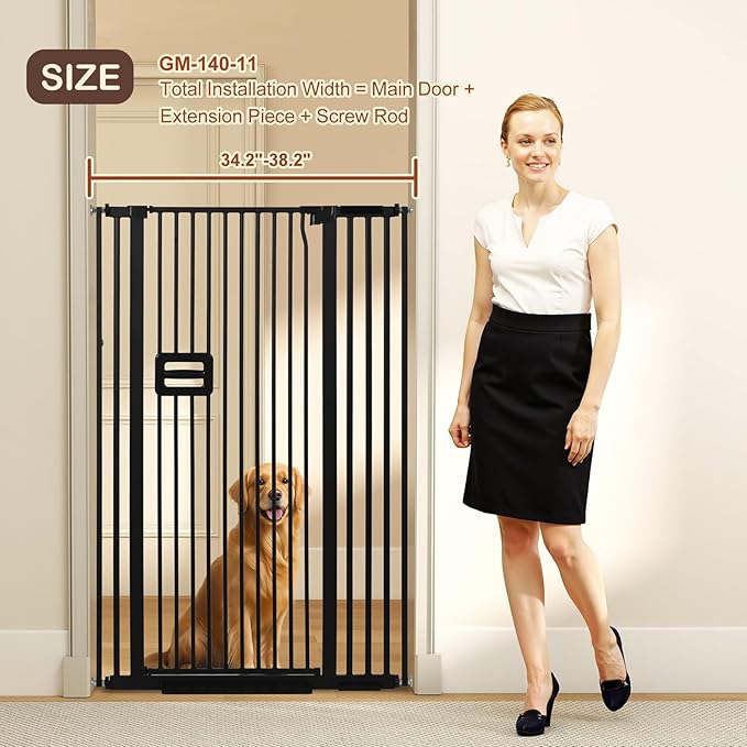 SMONTER 55" High Extra Tall Baby Gate, Safety Cat Gate for Doorways, Expands to 34.2"-38.2" Wide, Auto Close Dog Gate, No Drilling Pressure Mounted Cat Fence, Pet Gate Indoor for Stairs, Black