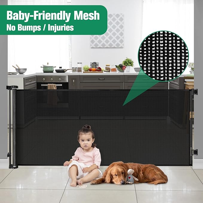 110 Inch Extra Wide Baby Gate for Large Openings, Retractable Gate Outdoor Retractable Dog Gate Indoor Extra Long Dog Gates for Doorways Large Pet Gate for Stairs, Long Gates for Kids or Pets, Black