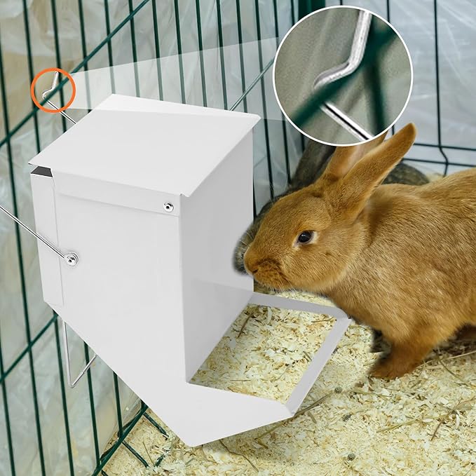 Maxcheck 2 Pcs Rabbit Feeder for Cages Small Animal Food Pellet Dispenser with Lid Metal Chicken Grit Oyster Shell Squirrel Feeders Outside(4.7 Inches,Mesh Bottom,White)