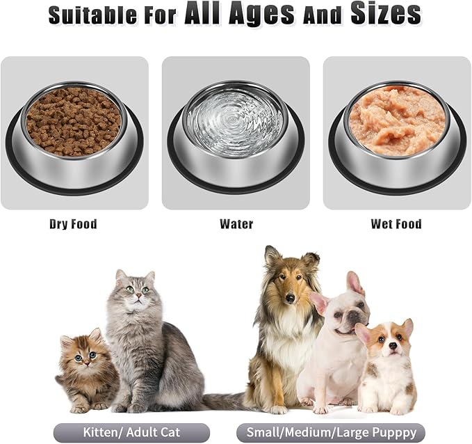 3Pcs Stainless Steel Dog Bowls Set - Non-Slip Food and Water Bowl 54 Oz - Dishwasher-Safe, Rust Resistant Metal Pet Bowls for Small/Medium/Large Sized Pets