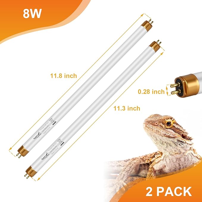 UVB Light for Reptiles Bearded Dragon, 2 Pack T5 UVB Reptile Light UVB Bulb 10.0 8W UVA UVB Reptile Light Bulb Terrarium Light Lamp Tube for Turtle Chameleon Leopard Gecko Snake Tank, 12 Inch