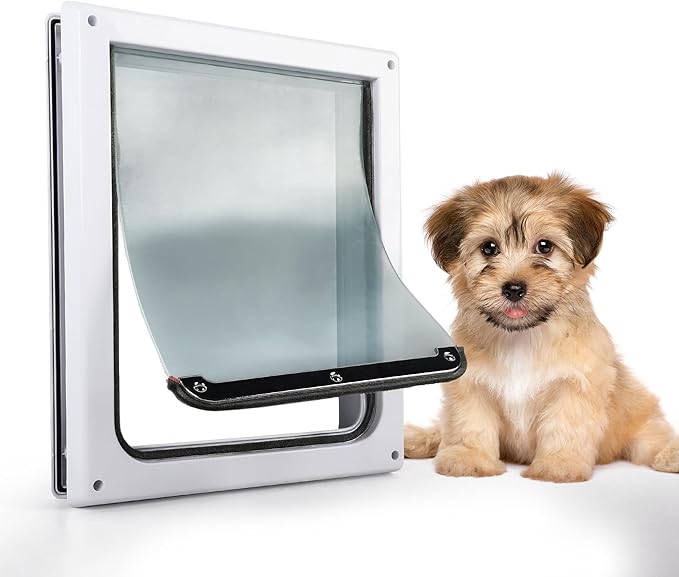 PAWISE 2 Way Dog Door, Lockable Doggy Door with Safe Metal Panel & Flexible Transparent Flap, Weatherproof & Easy Install Pet Door for Dogs and Cats, Quiet Design Dog Flap (9.8"x11.4")
