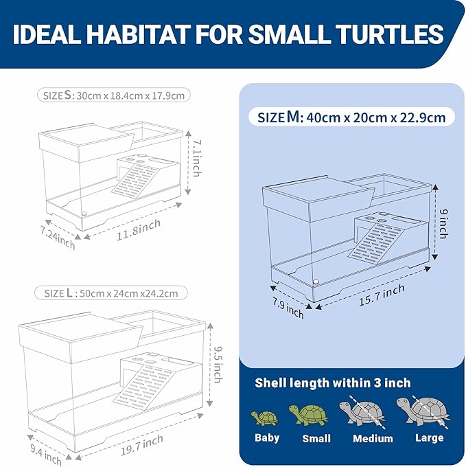GOZILLA Turtle Tank Kit(Tank+Lamp+Filter), Upgrade PC Turtle Tank Starter Kit with Adjustable Lamp & Filter, Reptile Habitat with Lid, Basking Platform for Small Reptiles.(15.75 × 7.9 × 9''/White Kit)
