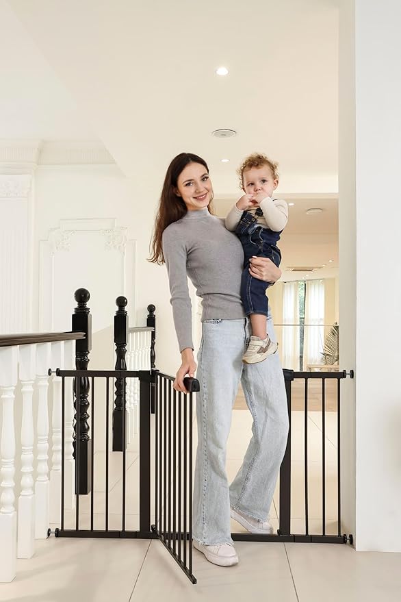 53.46"-55.63" Baby and Pet Safety Gate, 30" Tall Metal Walk-Thru Gate for Doorways & Stairs, Easy One-Hand Open, Dual Lock, Extensions & Wall Mounts Included (Brown, 29"-54" W x 30.5“H)