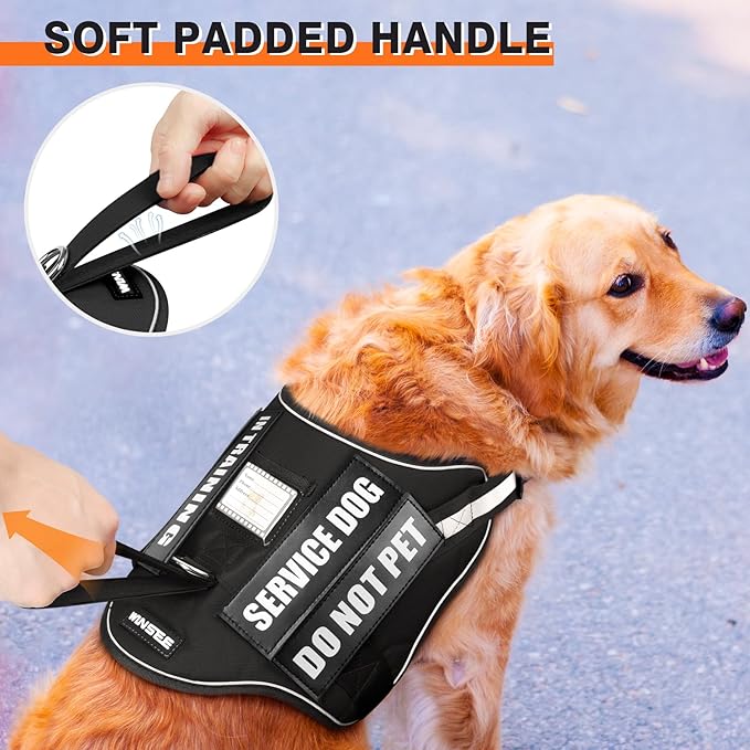 WINSEE Service Dog Harness & Leash Set, Large, Black with 10 Patches, Reflective, Adjustable, for Medium & Large Dogs