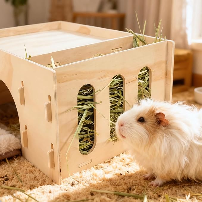 Wooden Guinea Pig Hideout House with Hay Rack - Sturdy Small Animal Habitat Hut for Chinchillas, Hamsters & Small Pets - Includes 2 Reusable Mats & 2 Letter Sticker Sets