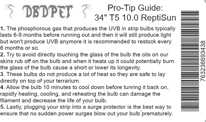 DBDPet Zoomed Reptisun 34" 10.0 T5HO UV-B Bulb - Includes Attached Pro-Tip Guide - Great for Bearded Dragons, and Chameleons