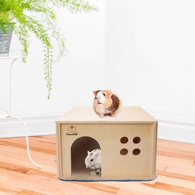 PAWCHIE Guinea Pig House Hide - Wooden Hideout for Chinchilla Small Animals, Habitat with Windows Guinea Pig Hamster Rat Living, Rectangular Hut with Pee Pad