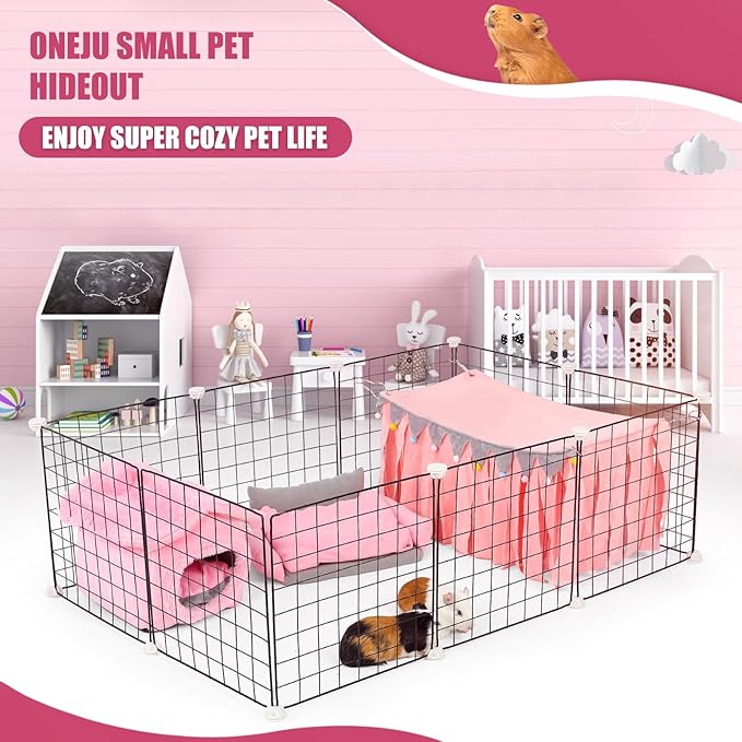 Guinea Pig Hideout - Guinea Pig Corner Hideout, Four-Sided Fringes, Rectangular Top and Washable Hides, Suitable Hides for Guinea Pigs and Rabbit, No Metal Fences, Pink