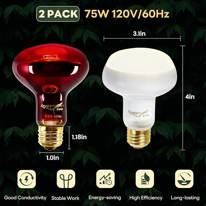 Reptile Heat Lamp Bulbs, 2 Pack 75W Reptile Heat Bulbs UVA Daylight Basking Bulb and Infrared Heat Lamp Red Night Light Bulb Combo for Bearded Dragon Chameleon Turtle Snake Gecko Lizard Chicken Tank