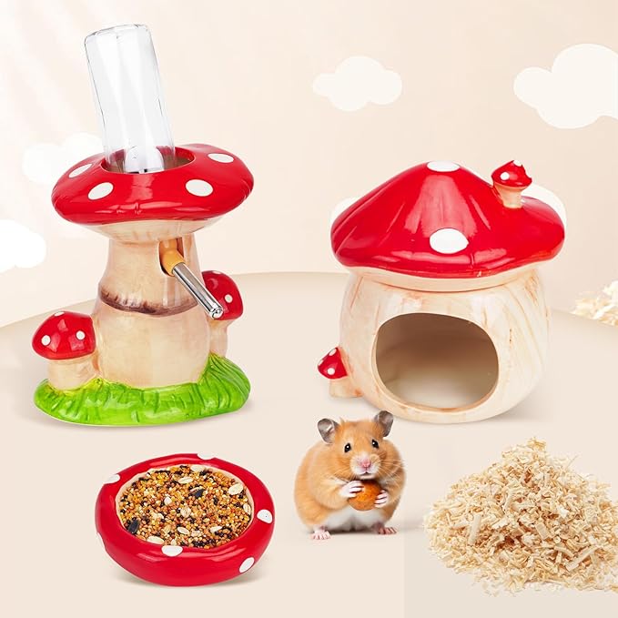 Ceramic Hamster Cage Accessories: Set Include Mushroom Hamster Hideout, Water Bottle and Food Bowl, Ideal for Gerbils and Guinea Pigs