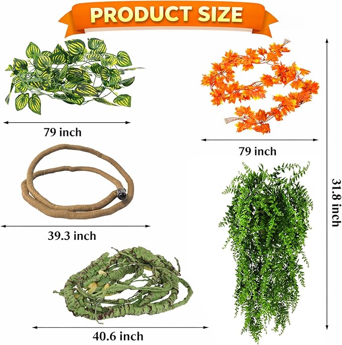 Grddaef Reptile Vines Plants for Terrarium, Flexible Vines Jungle Climbing Branch with Leaves Tank Decor for Snakes Bearded Dragons Geckos Hermit Crabs Lizards Chameleons