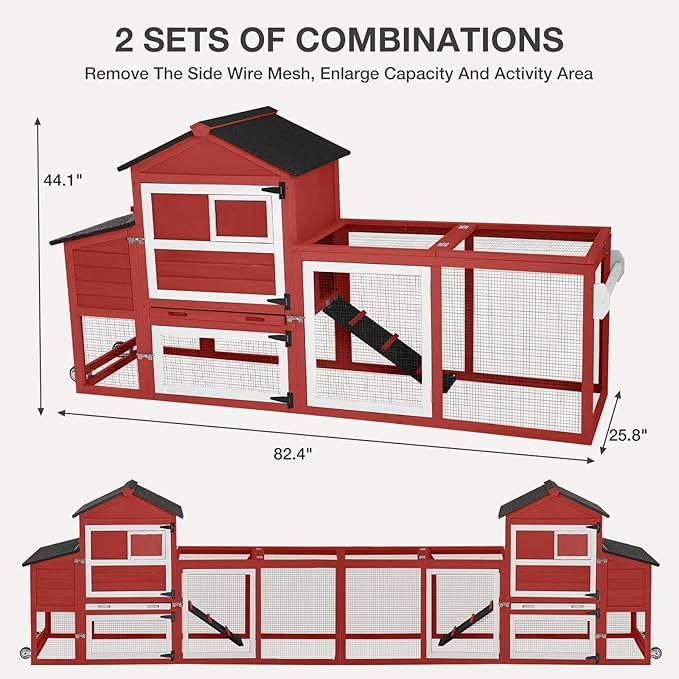 Chicken Coop Outdoor Mobile Chicken House, Expandable Hen House with Wheels, Nesting Box, Leakproof Pull-on Tray and UV-Resistant Roof Panel (Red)