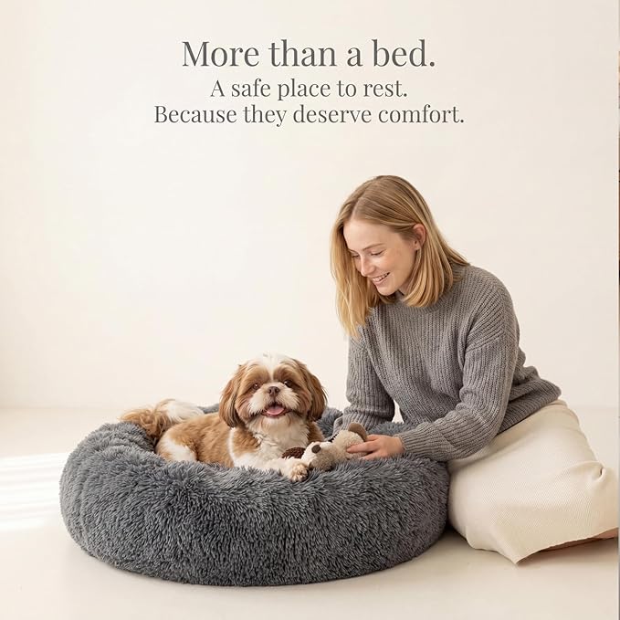 Calming Donut Dogs Beds for Small Dogs Washable,23inch Plush Round Pet Bed for Cozy Sleep,Fluffy Faux Fur Large Cat Bed,Fits up to 25 lbs Pets,Dark Grey