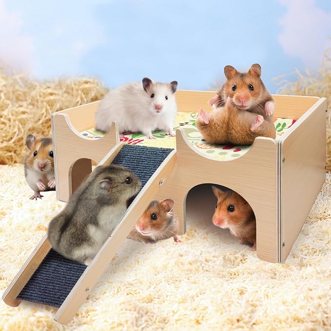 Wooden Hamster House Hideout, Natural Wood Small Animal Hut with Stairs, Cute Hamster Cage Accessories Habitat for Hamsters, Guinea Pigs, Chinchillas, Gerbils, Rabbits, and Other Small Pets
