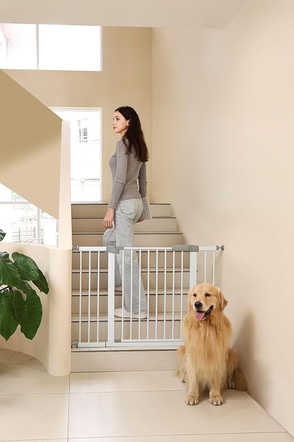 44.72"-46.89" Baby and Pet Safety Gate, 30" Tall Metal Walk-Thru Gate for Doorways & Stairs, Easy One-Hand Open, Dual Lock, Extensions & Wall Mounts Included (White, 29"-46" W x 30.5“H)
