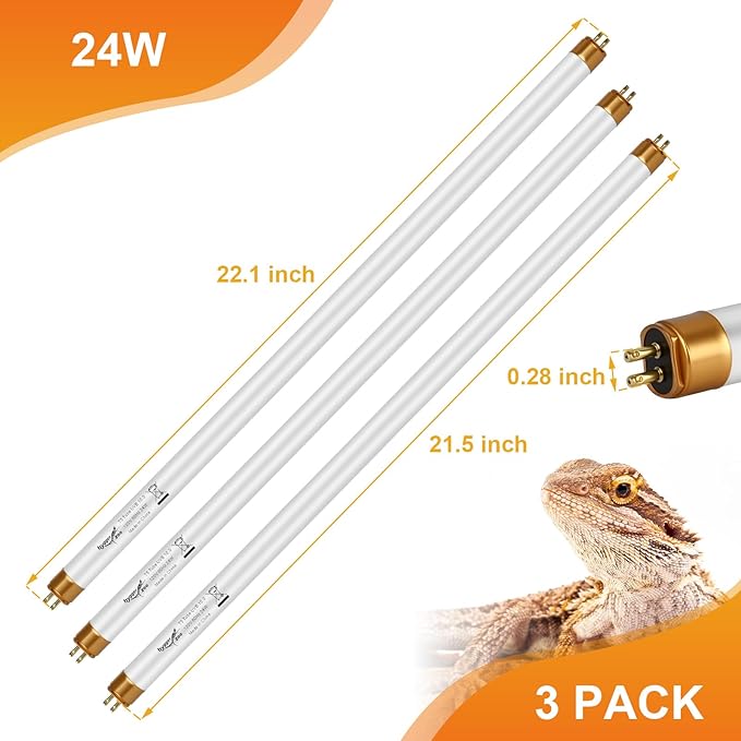 UVB Light for Reptiles Bearded Dragon, 3 Pack T5 UVB Reptile Light UVB Bulb 10.0 24W UVA UVB Reptile Light Bulb Terrarium Light Lamp Tube for Turtle Chameleon Leopard Gecko Snake Tank, 22 Inch