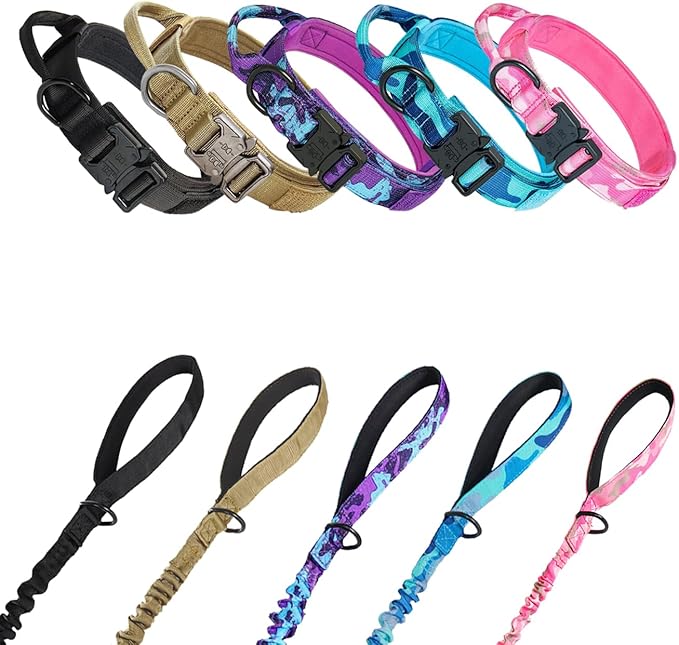 Hotsky Tactical Dog Collar and Leash Set, Heavy Duty Military Airtag Dog Collar with Handle and Metal Buckle for Training and Walking, with Airtag Holder and Two Patches (Blue Camo, L)