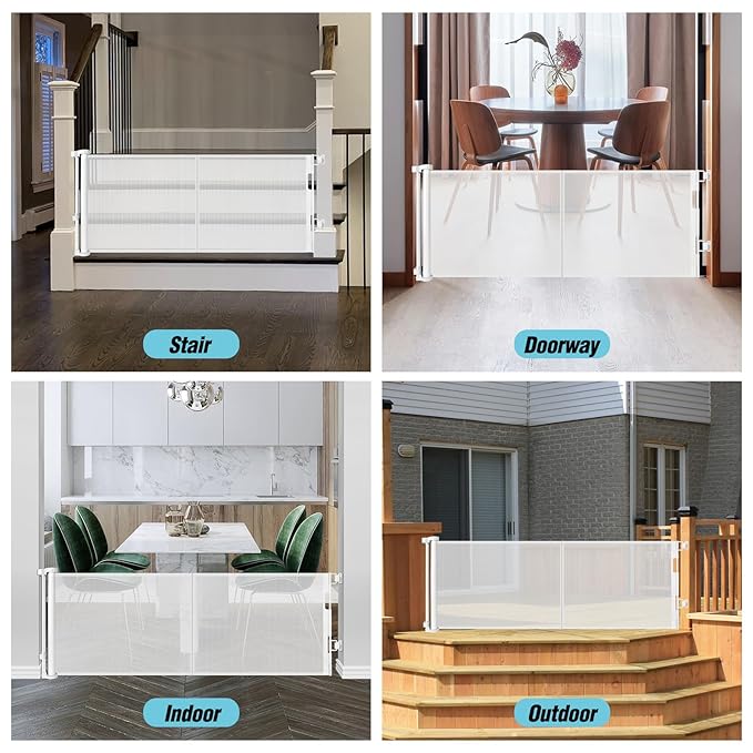 24 Inches Tall Retractable Dog Gate for The House, Short Baby Gates to Step Over, Extends up to 55" Wide, Reinforced Mesh Puppy Gate for Doorways, Step Over Pet Gate for Stairs, Indoor/Outdoor (White)