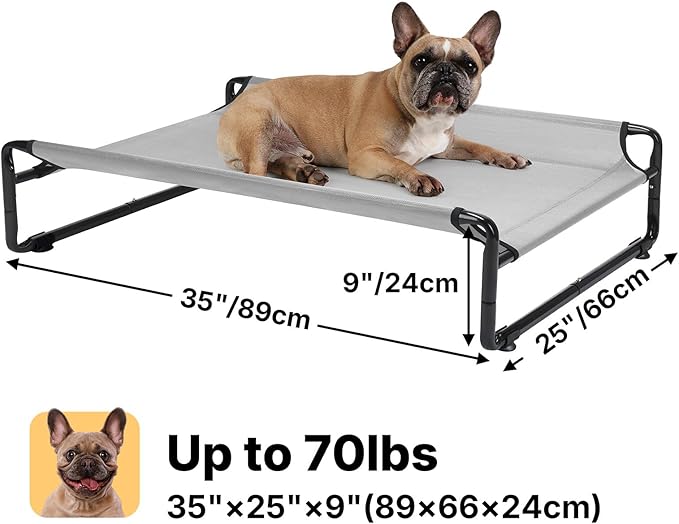 Veehoo 35" Medium Raised Dog Bed, Washable Dog Cot with Headrest Sides, Outdoor Elevated Dog Bed with Non-Skid Feet, Breathable Mesh, Portable Pet Hammock for Indoor or Camping, Grey