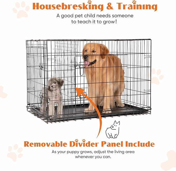 Sweetcrispy Dog Crate, 42 Inch Double Door Folding Metal Wire Dog Cage with Plastic Leak-Proof Pan Tray, Large XL Pet Kennel for Indoor, Outdoor, Travel